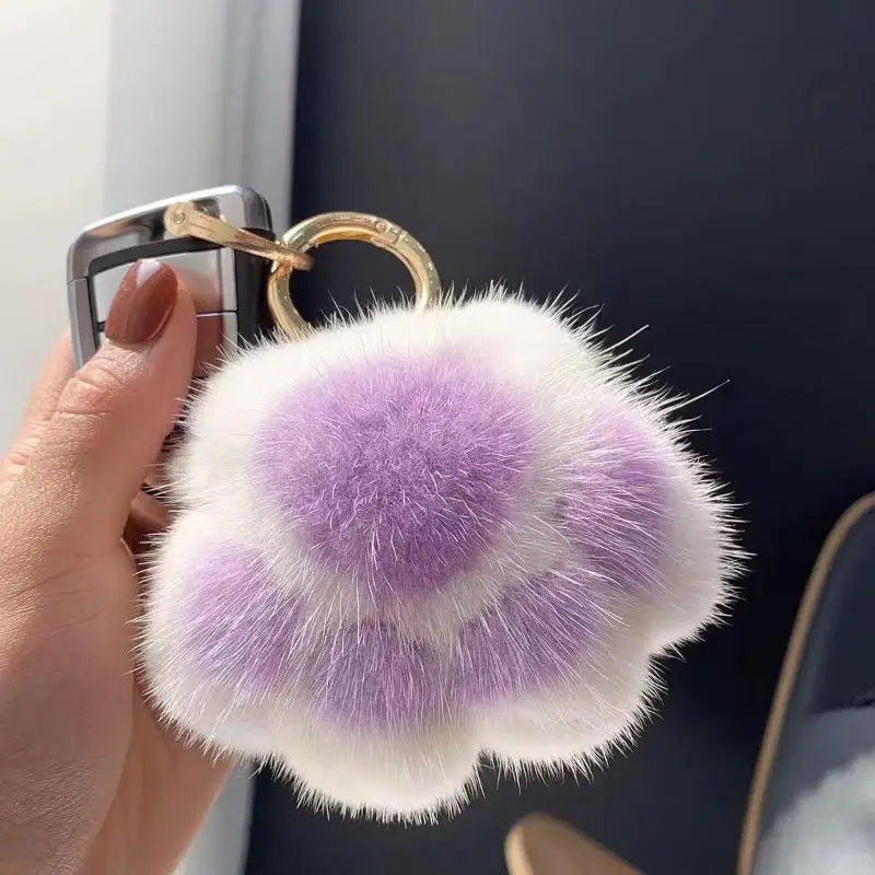 Cat Paw Pendant Keychain Fluffy Kawaii Faux Fur Keychain Cute Stuffed Toy Plush Toy Key Ring Backpack Car Key Pendant Qme white purple 5CM