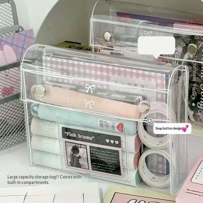 PVC Transparent Button Pencil Case Large Capacity Vertical Simple Ins Qme