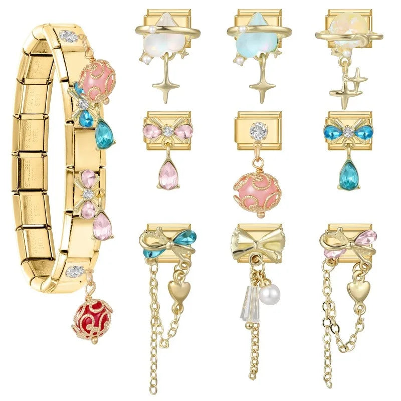 Brilliant Inlay Enamel Ball Pendant Heart Star Bow Italian Charm Links Fit 9mm Stainless Steel Bracelet Women Jewelry DIY Making Qme
