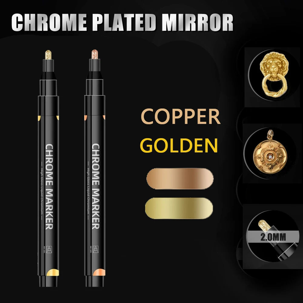 1/2 Pcs Mirror Chrome Metallic Markers, Waterproof Paint Repair,For Rock Ceramic Glass Metallic 2mm Nib, Painting DIY Craft Qme 1Golden-1Copper