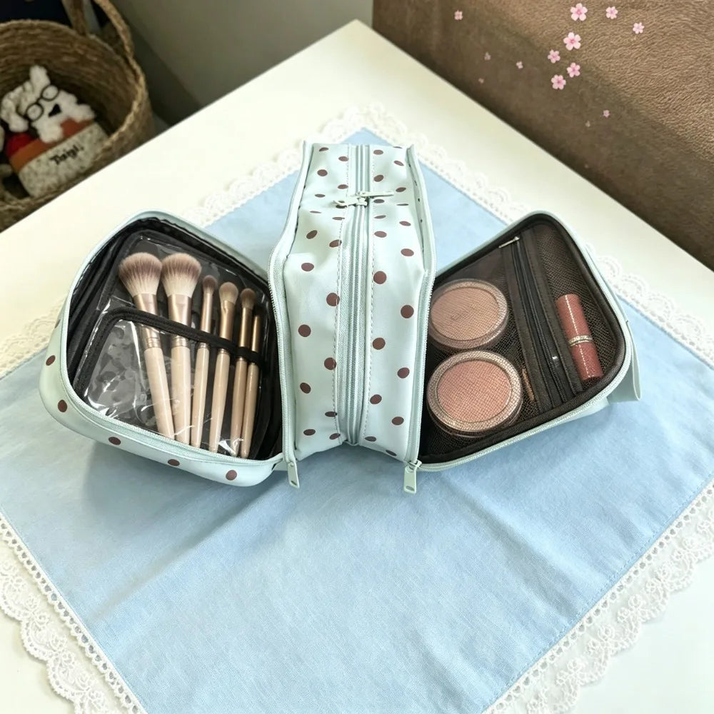 Korean Mint Green Polka Dot Synthetic Leather Makeup Bag Large Qme