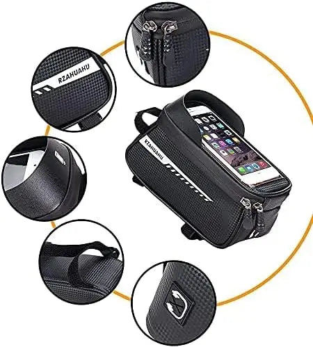 Bike Phone Front Frame Bag, Waterproof Pouch Bike Handlebar Bag Cycling Front Top Tube Touchscreen Phone Mount for Smartphone up Qme