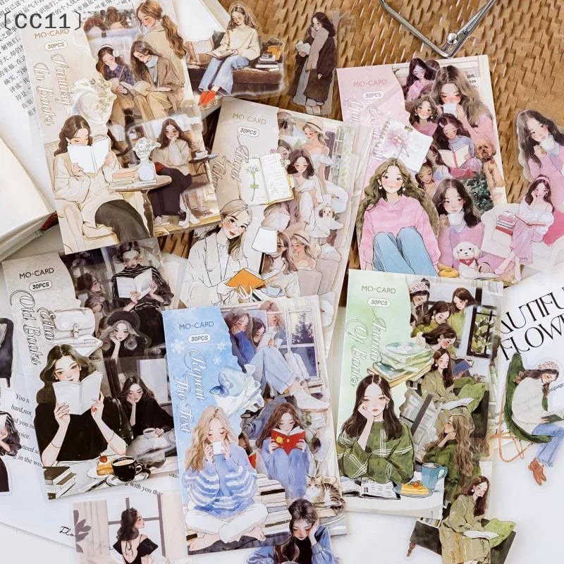 CC1130 Aesthetic Decals Labels Reading Girl Stickers Decorative Diary Qme