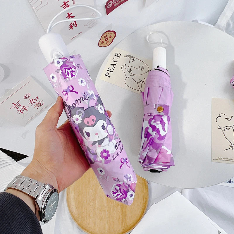 Hello Kitty Kuromi Cute 3-Fold Automatic Umbrella Dual-Purpose Sun and Rain Umbrella with UV Protection Qme