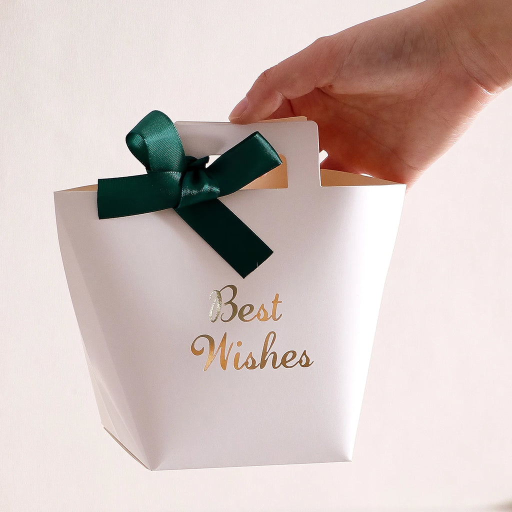 A Set of 5 Exquisite Mini Gift Boxes, Designed for Weddings, Decorated with Gold-Stamped "Best Wishes" and Ribbon Bows. Elegant and Refined, It Is the Perfect Choice for Weddings, Anniversaries, and Various Special Occasions. Qme