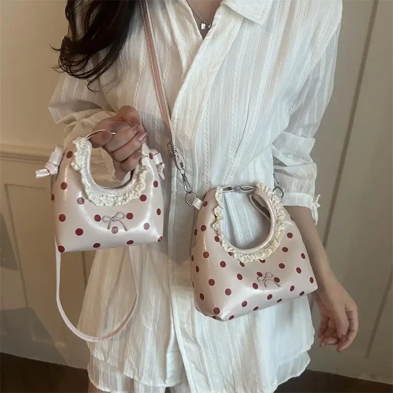 Light Polka Dot PU Leather Bag With Lace Ruffled Handle Cute Bow For Daily Shopping Dating Outings Qme