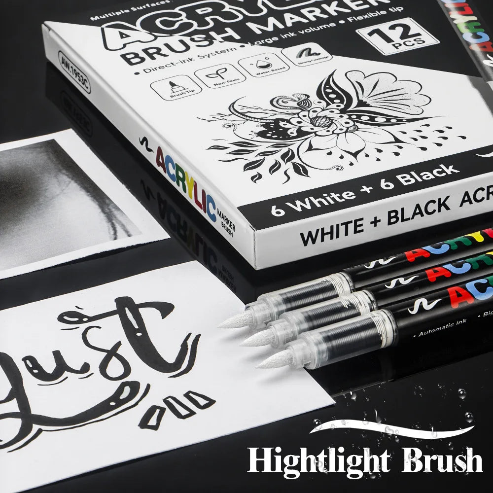 12 Colors Acrylic Paint Pen Set Black/White/Gold/Silver Acrylic Highlights Markers Brush Tip Markers for Wood Rock Painting Gift Qme