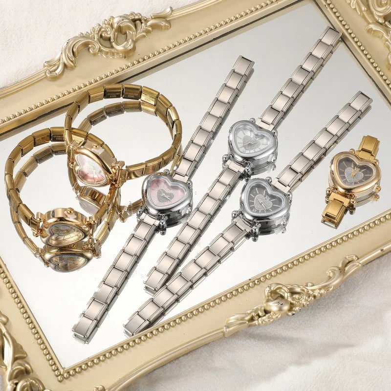 Wholesale Women's Men DIY 9MM Width Italian Elastic Charm Stainless Heart Shape Watch Bracelet Bangle For Birthday Jewelry Gifts Qme