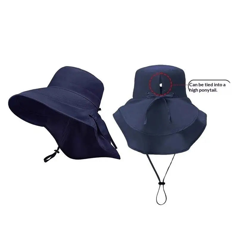 Solid Wide Brim Sun Hat Korean Neck Cover Protection Adjustable Women Qme 1 Navy One Size