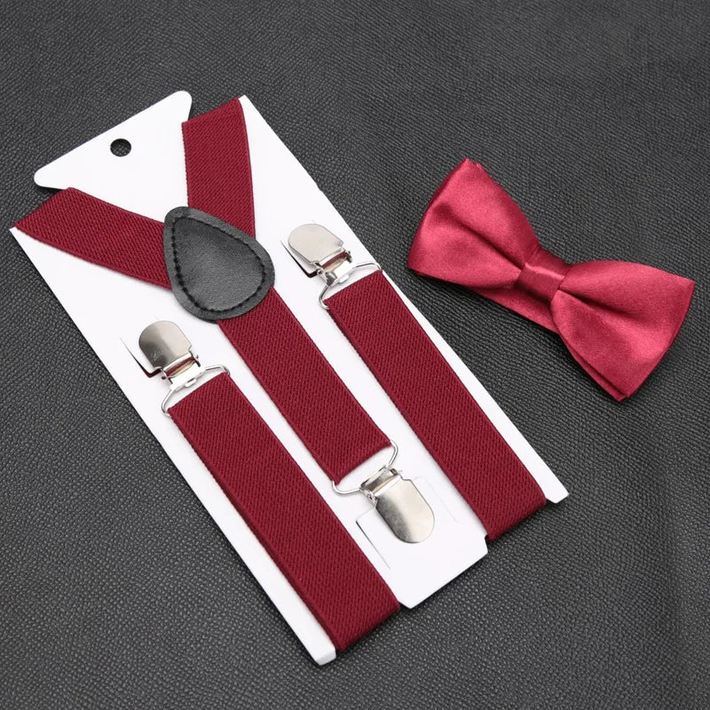 Kids Suspenders for Pants Bowtie Set Matching Tuxedo Suit Boy Girl Childs Black Adjustable Y-Back Brace Belt Wedding Accessories Qme Burgundy