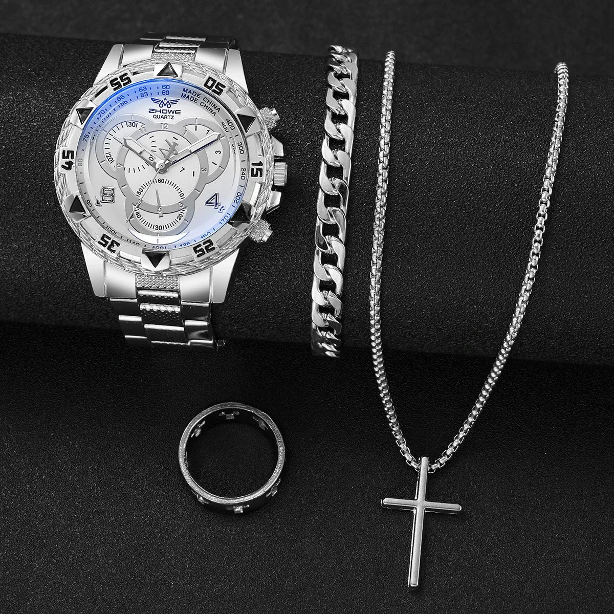 20264PCS Men Business Watches Fashion Big Dial Steel Band Male's Analog Quartz Watch Clock Relogio Masculino（Without Box） Qme