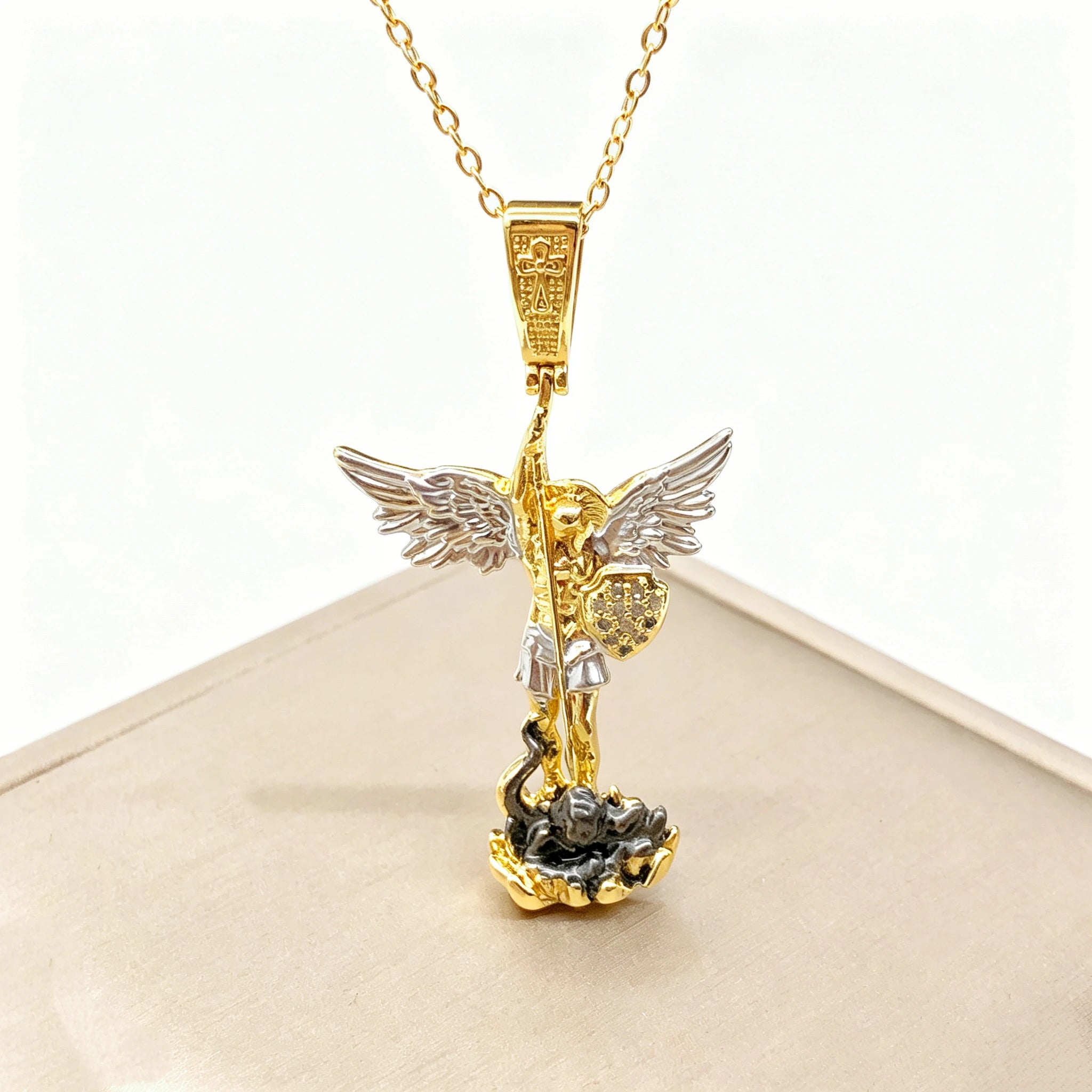 Classic Gold Rose Gold t St. Michael the Archangel Necklace Christian Faith Amulet Guardian Angel Zirconia Jewelry for Men Women Qme 5