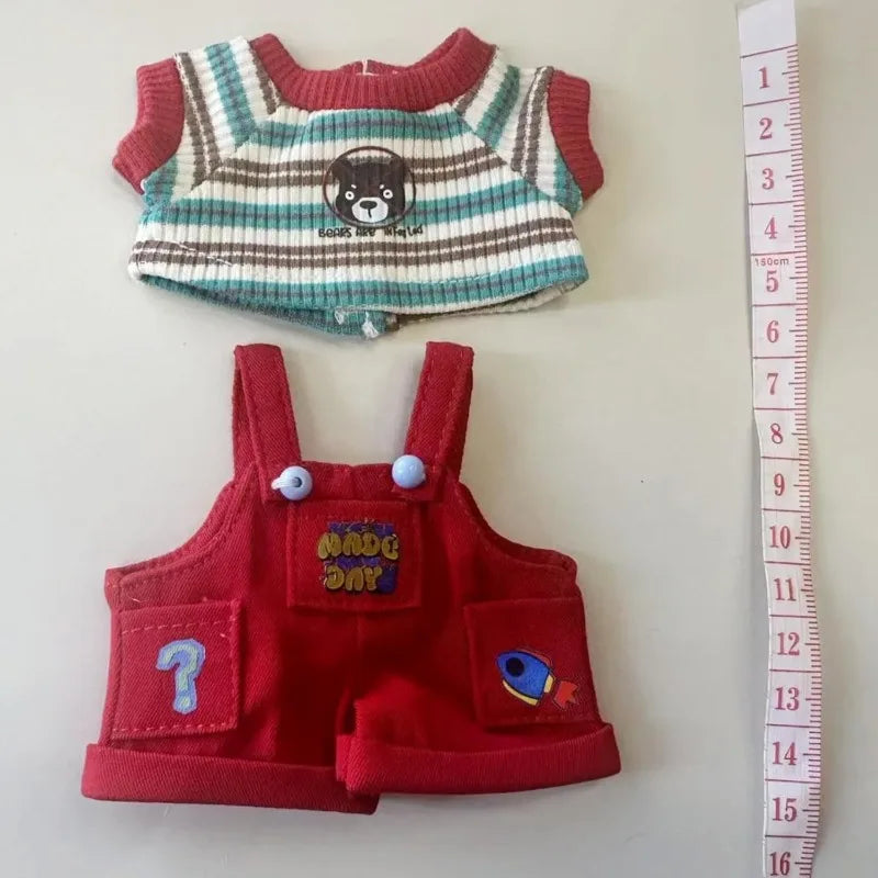 Labubu doll clothing 2-piece set, red workwear and striped T-shirt, suitable for fashionable matching of 17cm and 15cm dolls Qme