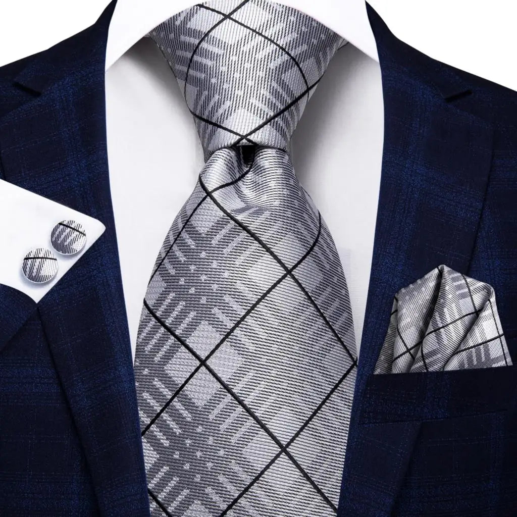 Hi-tie Smoke Grey Tie Men Elegant Mens Necktie Pocket Square Cufflink Qme 3359