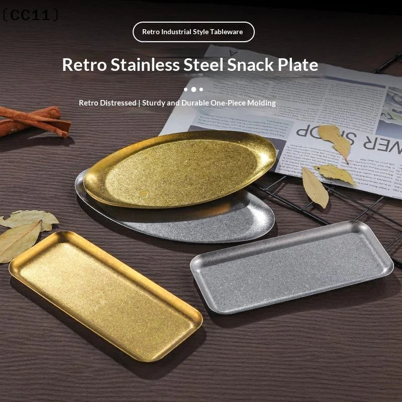 Retro Stainless Steel Trays Sushi Plates Snack Pastry Oval Shallow Qme