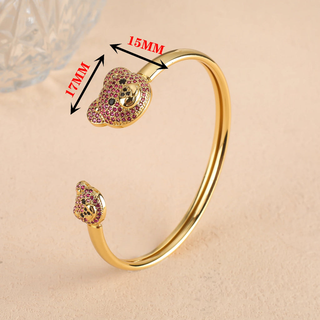 5 Color Cute Zircon Bear Open Cuff Bangle Copper Gold Plated Hip Hop Animal Bracelet Charming for Woman Girl Daily Wear Jewelry Qme 1