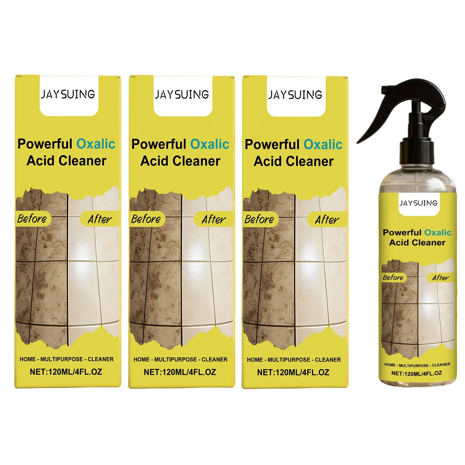 Jaysuing Powerful Oxalic Acid Cleaning Spray Remove Limescale & Stain Reduce Sediment Easy to Use Multi-purpose Bathroom Cleaner Qme 3 x 120ml Boxed