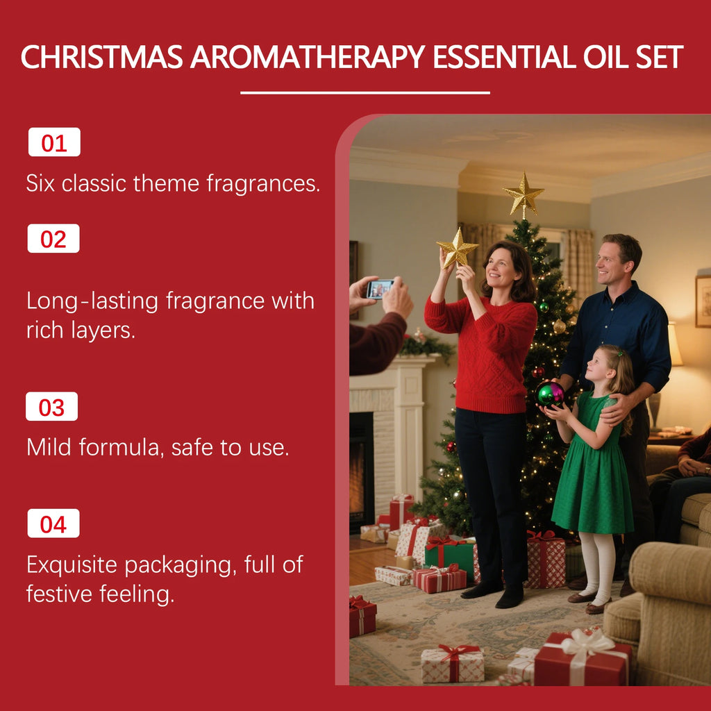Christmas Aromatherapy Essential Oil Set Long Lasting Fragrance 6 Holiday Scents Festive Scents & Relaxing Atmosphere 6x10ml Qme