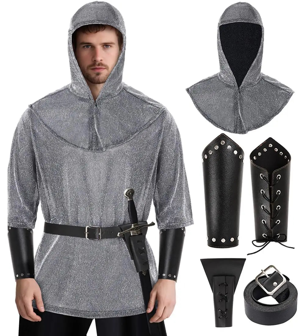 Medieval Faux Chain Mail Armor Tunic Shirt Cowl Belt Renaissance Medieval Knight Halloween Cosplay Costume For Adult Qme B XXL