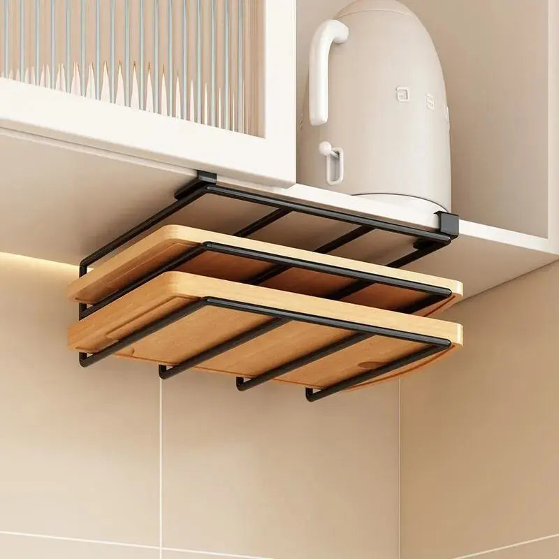No-Drill Under Cabinet Cutting Board & Pot Lid Holder, Wall Mounted Multi-Purpose Kitchen Organizer Rack for Utensils Qme