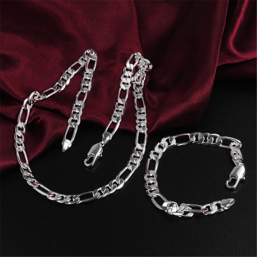 925 Sterling Silver Classic 8MM Chain Bracelets Necklace Cuban Link Jewelry Set for Women Men Fashion Wedding Accessories Gifts Qme Silver 20cm and 50cm
