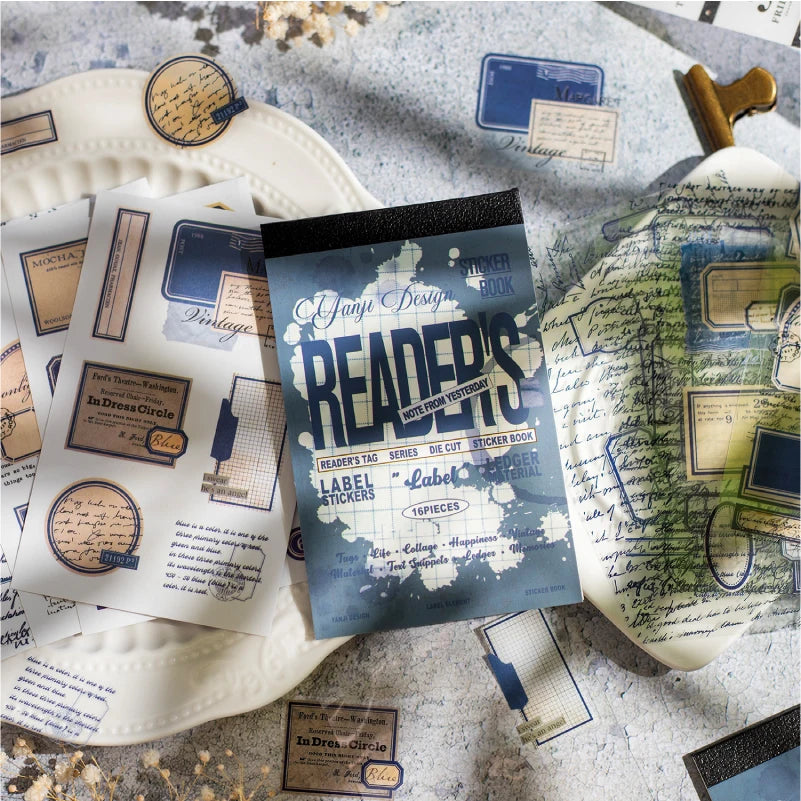 16 Sheets Reader tags Series Vintage style Die Cut Sticker Book DIY Junk Journal Diary Scrapbooking Material Stationery Stickers Qme