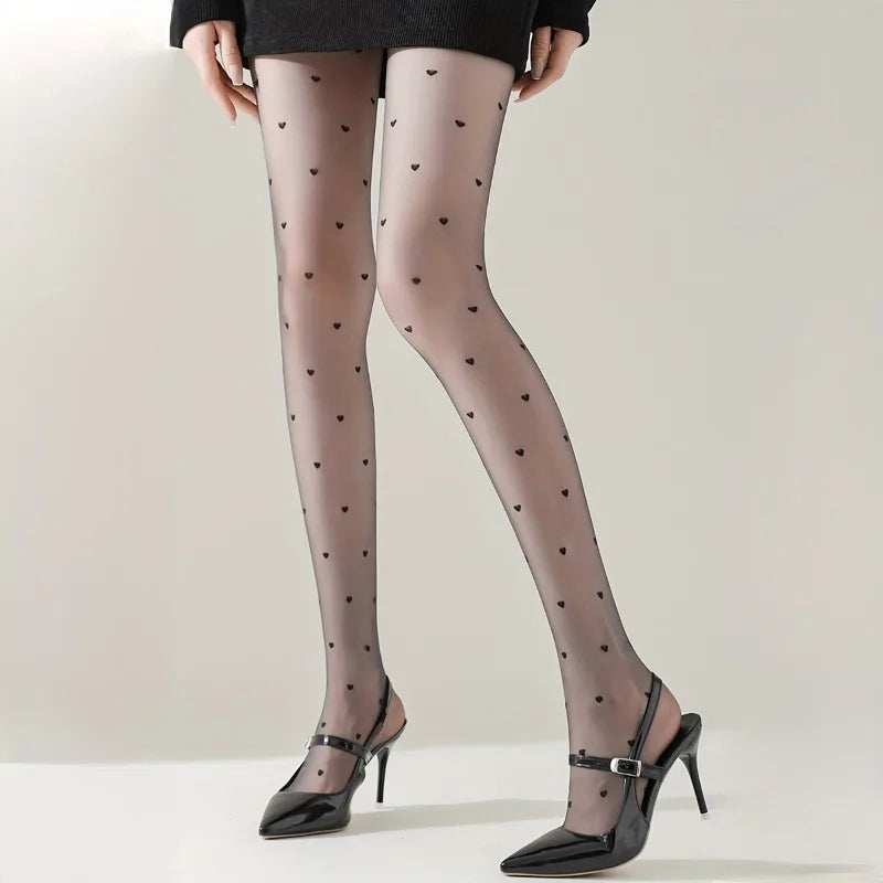 Sheer Heart Print Tights Thin Transparent Black Pantyhose Butt Lifting Breathable Mesh Hosiery Sweet Love Dot Pattern Stockings Qme