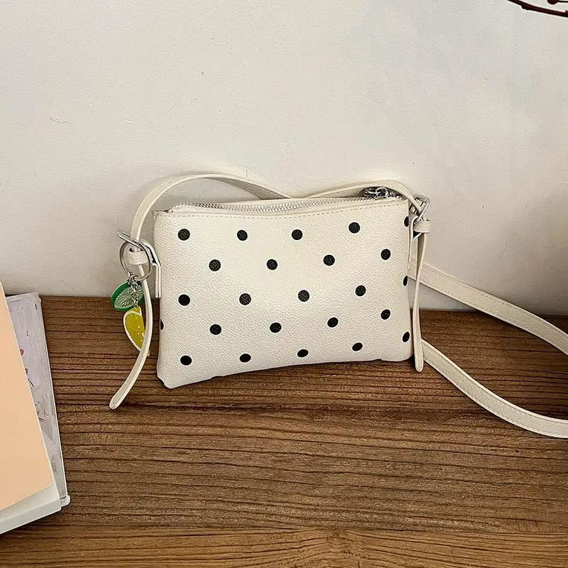 Color PU Leather Crossbody Bag Black Polka Dot Print Cute Fruit Charm For Daily Shopping Dating Casual Trips Qme A4