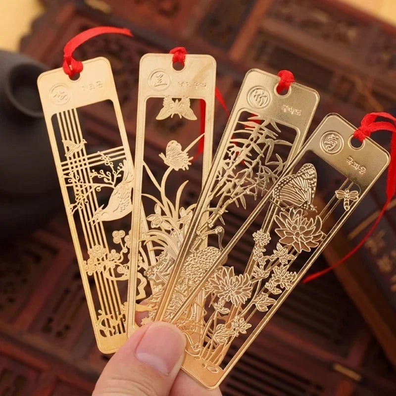 Chinese Style Bookmarks Creative Metal Hollow Out Metal Book Mark Tasse With Red Knot For Kids Students Gifts School Supplies Qme