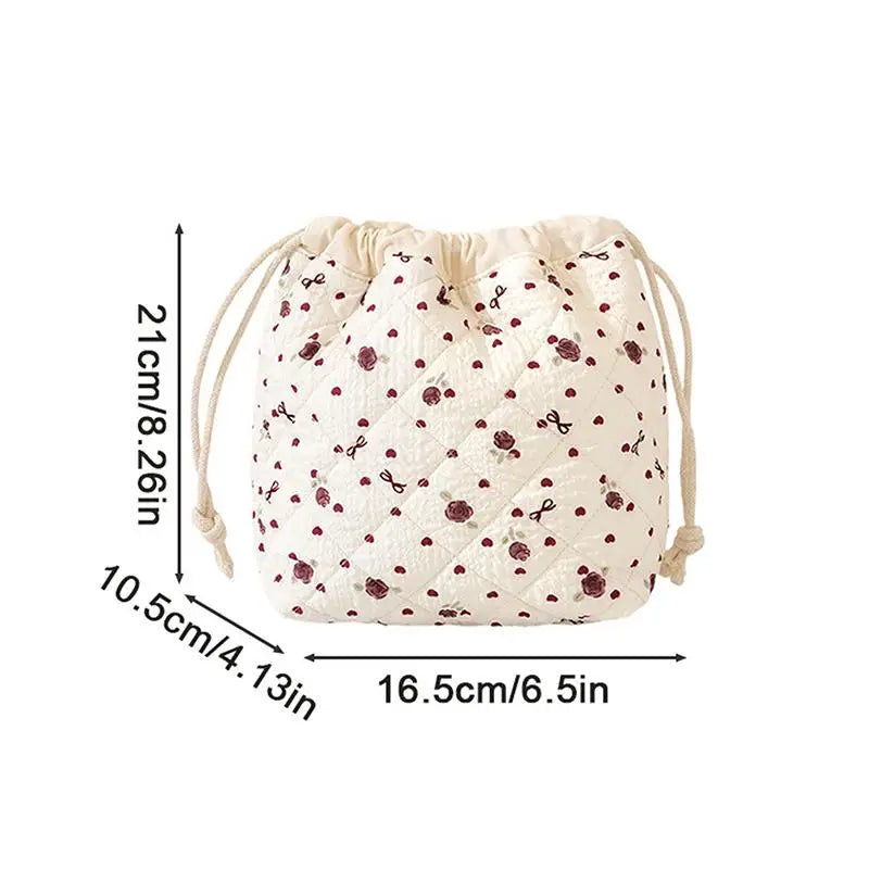 Cute Drawstring Cosmetic Pouch with Pink Bow Pattern – Durable Quilted Design for Women Qme