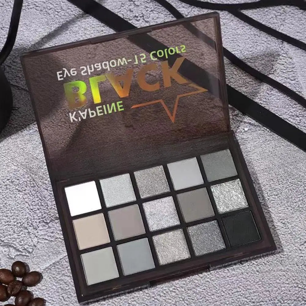 15Colors Black Grey Smokey Eyeshadow Palette, Matte Black White Gray Silver Smoky Eye Shadow, Black Eyeshadow Makeup Goth Look Qme