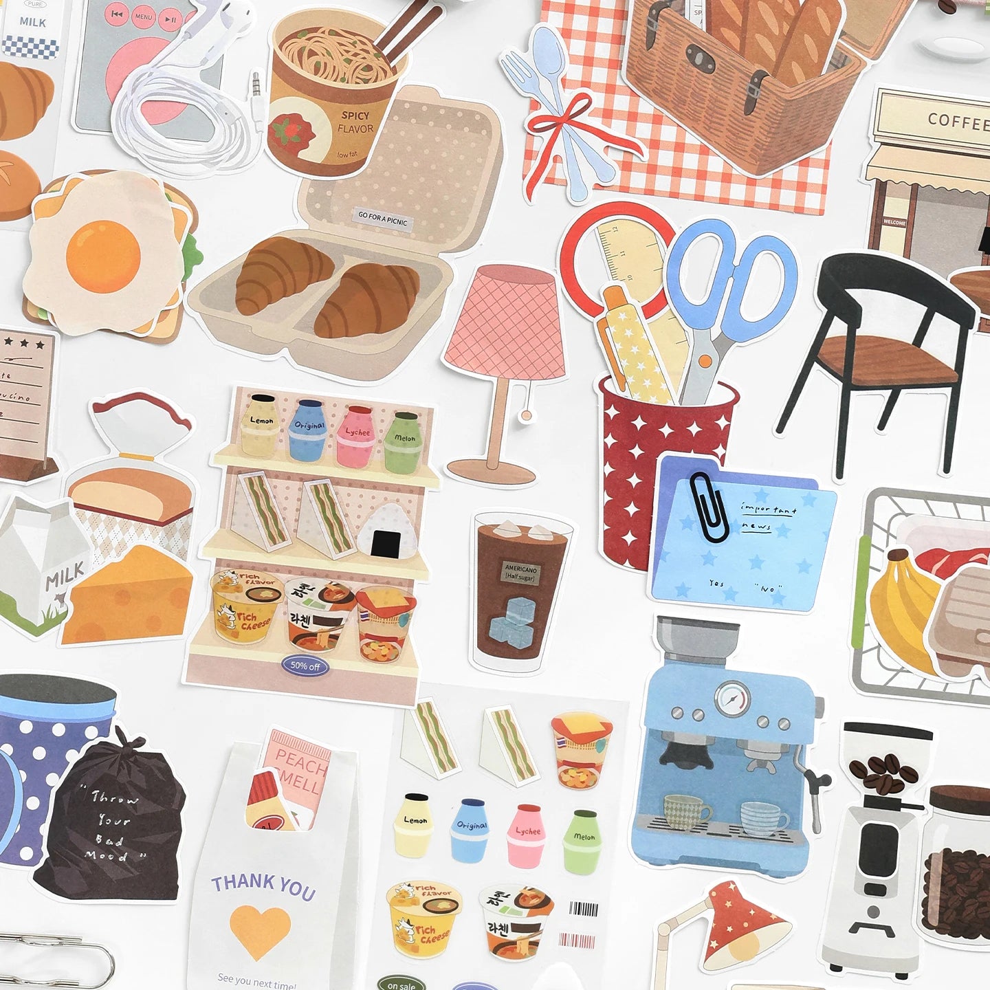 TIANZI 15/60pcs Tomorrow's Store Series Food and Coffee Material Pack DIY Scrapbook Handbook Aesthetic Stationery Supplies Qme