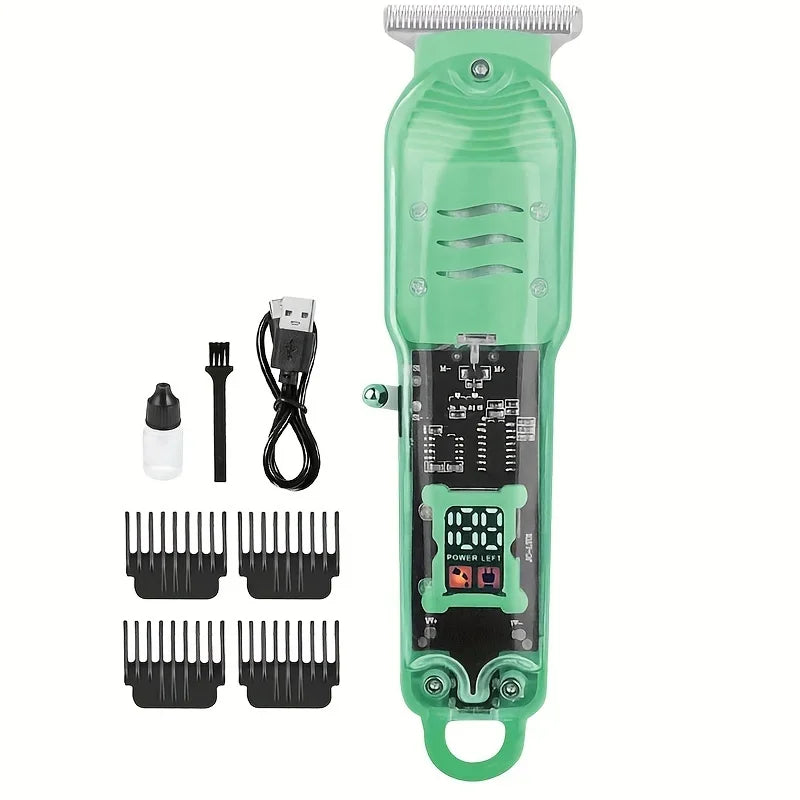 Transparent Body Electric Hair Clipper Professional Trimmer USB Rechargeable Hair Cutting Machine For Men Holiday Gift For Him Qme green