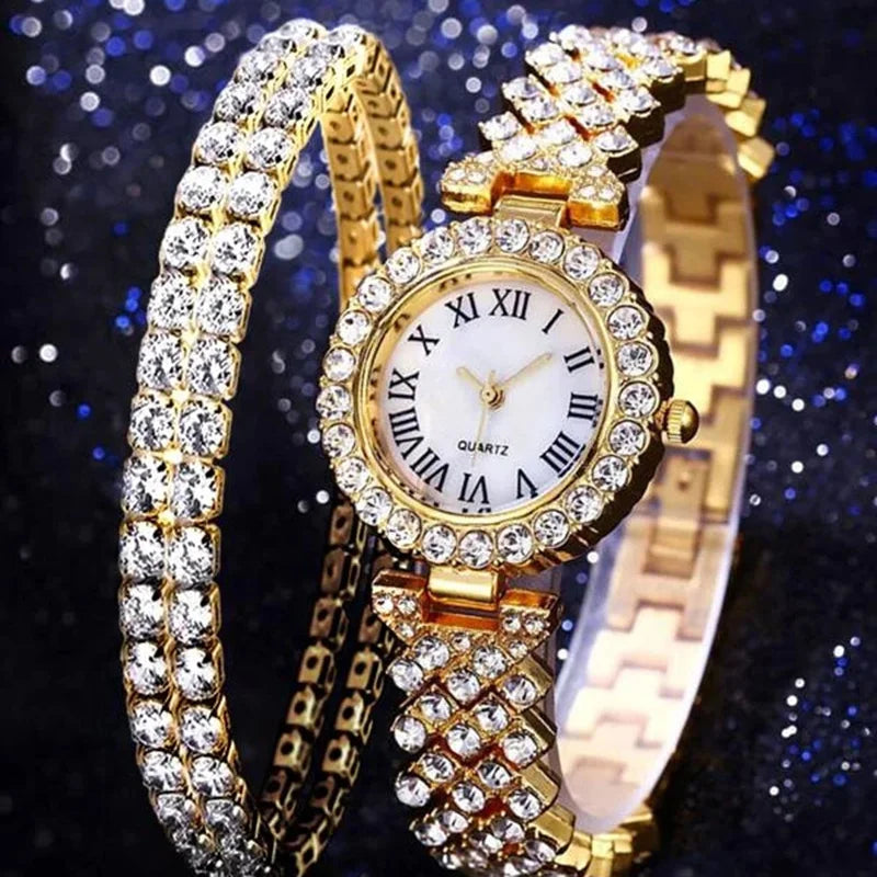 3pcs/set Watches Jewelry Set Round Pointer Quartz Watch & 2pcs Bracelet Fancy Women Watches Jewelry Qme Golden