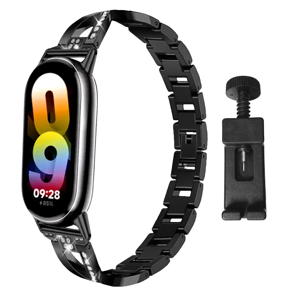 Stainless Steel Strap for Xiaomi Mi Band 8 Material Metal Wistband for Xiaomi Mi Band 9 women Smart strap accessories bracelet Qme Black-Tool for mi band 9