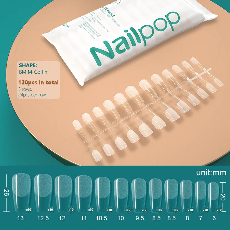 NAILPOP False Nails Acrylic Press Coffin Artificial Clear Fake Nail Qme SemiM M-Coffin 120