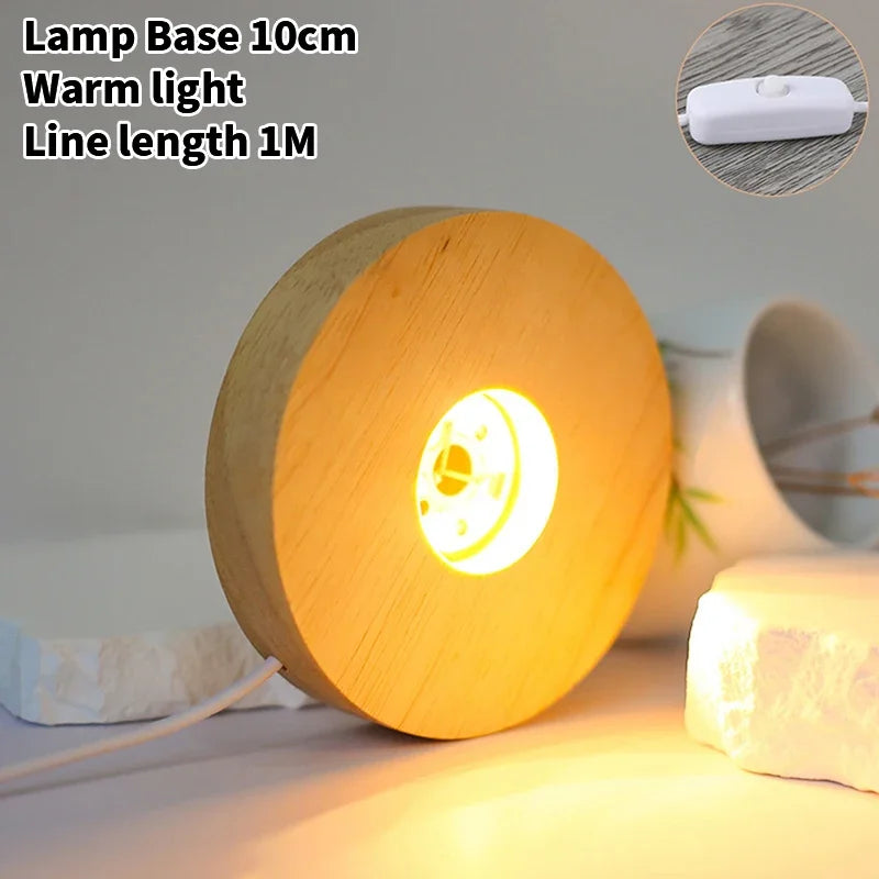 Rechargeable Wooden LED Light Base Rotating Display Stand Art Lamp Qme