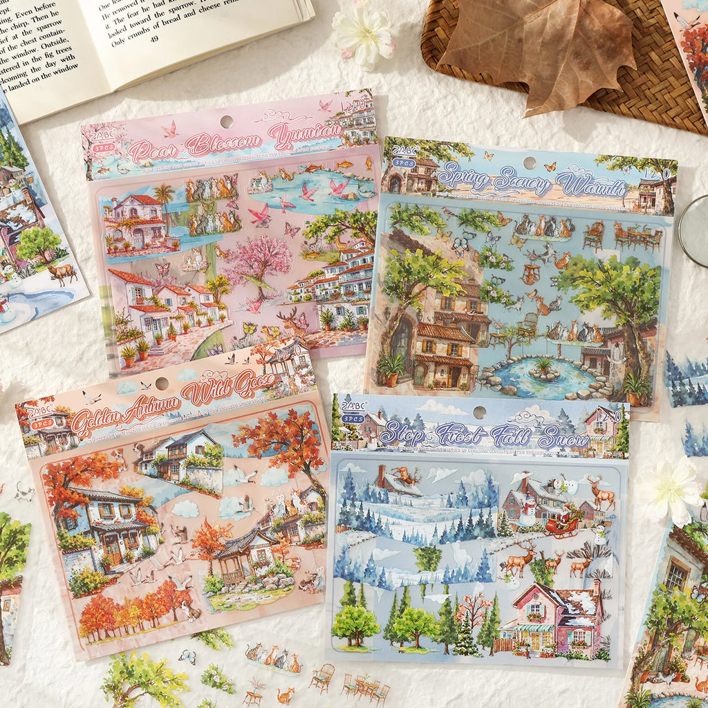 3 pcs Four Seasons Scenery PET Die Cut Sticker Pack Handmade Scrapbook Diary Stickers Decorative Aesthetic Stationery Supplies Qme