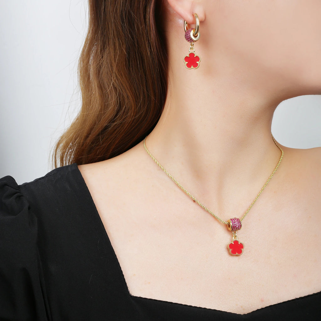 High Quality Natural Stone Five Leaf Flower Jewelry Set Zirconia Necklace Earrings Temperament For Woman Fashion Jewelry Clover Qme
