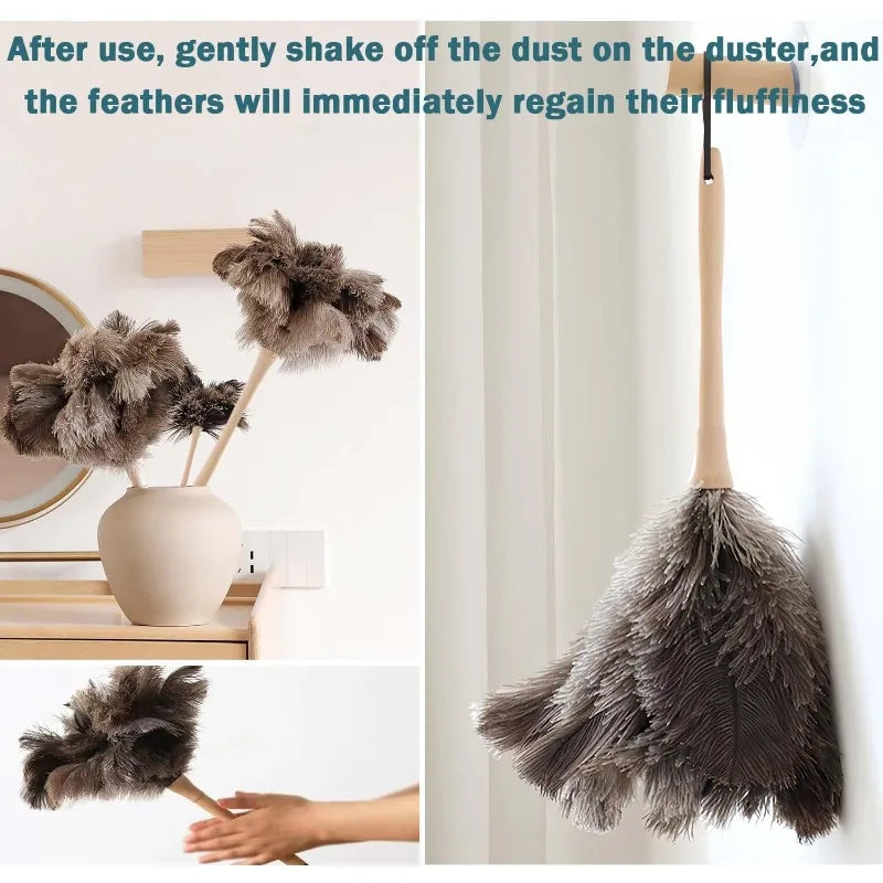 Natural Fluffy Ostrich Feather Duster Handle Reusable Furniture Qme