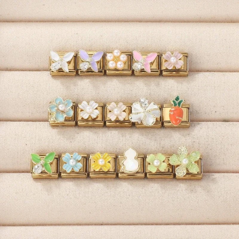 2026 Fashion Vintage Golden Pearl Flowers Gourd Shiny CZ Butterfly Italian Charms Fit 9mm Stainless Steel Bracelet Jewelry Gift Qme