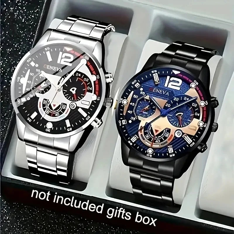 Geneva Three-Window Large Dial Men's Steel Band Sports Quartz Watch, Silver and Black Business Casual Men's Watch Qme Silver and Black