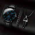 Luxury Geneva Multifunctional Chronograph Men Watch & Black Obsidian Lion Crown Bead Bracelet 2 In 1 Male Accessory Gift Set Qme 3PCS Set
