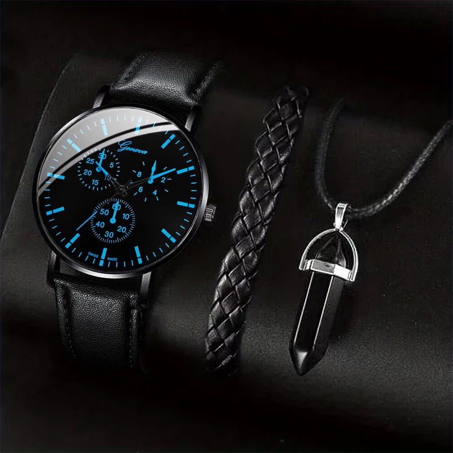Luxury Geneva Multifunctional Chronograph Men Watch & Black Obsidian Lion Crown Bead Bracelet 2 In 1 Male Accessory Gift Set Qme 3PCS Set