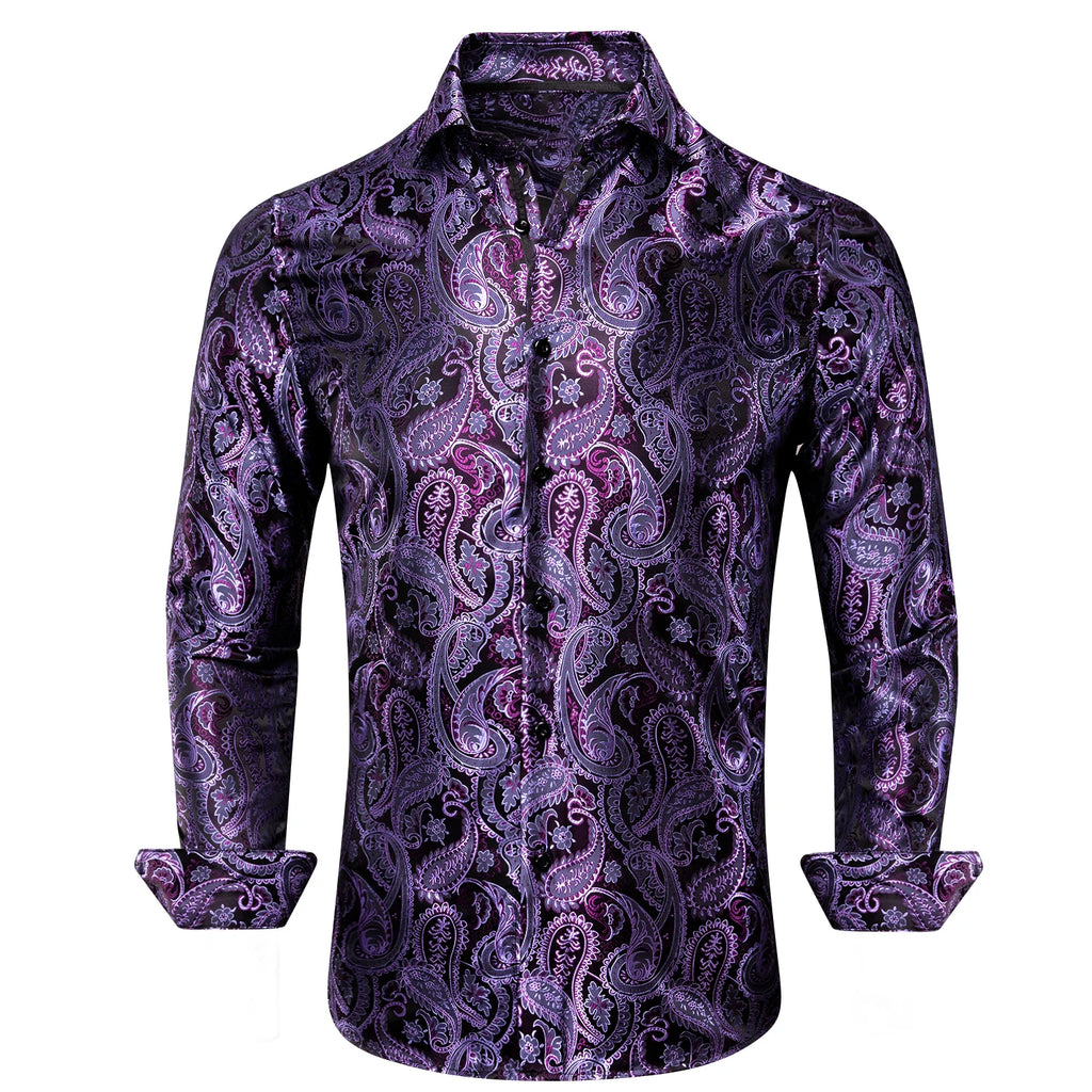 Single Paisley Long Sleeve Shirt Men, Gold or Purple or Black or Blue or Brown, Loose Button Collar Daily Casual Wear Qme