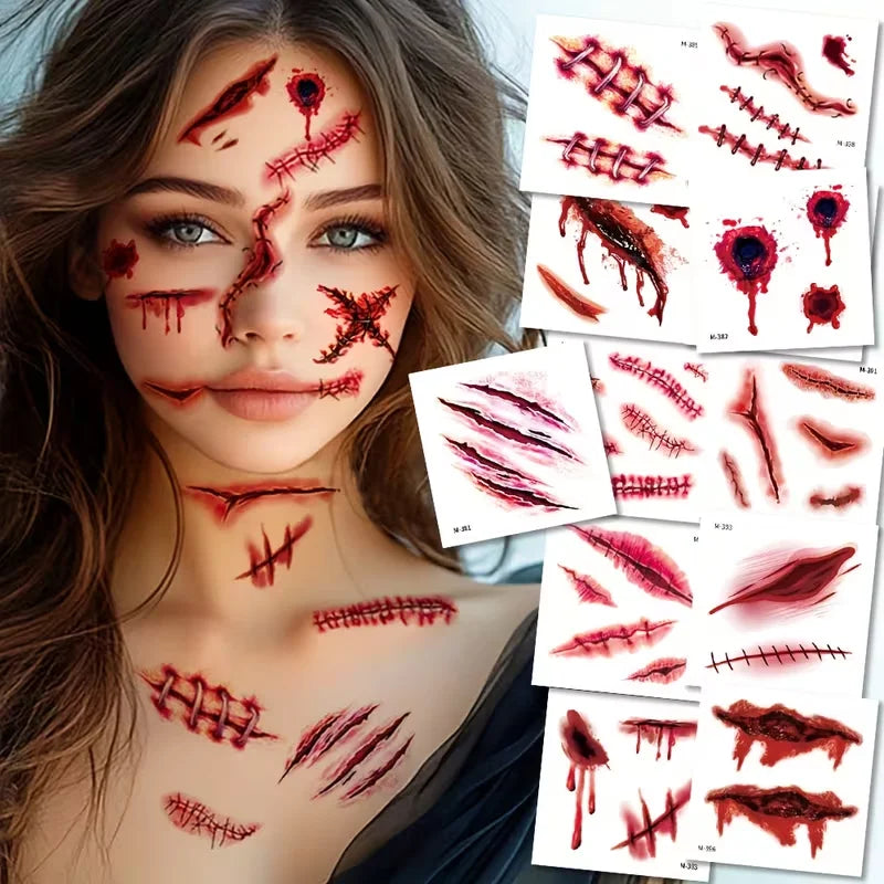 20 Sheets 3D Realistic Scar Tattoos Waterproof Fake Bloody Wound Qme