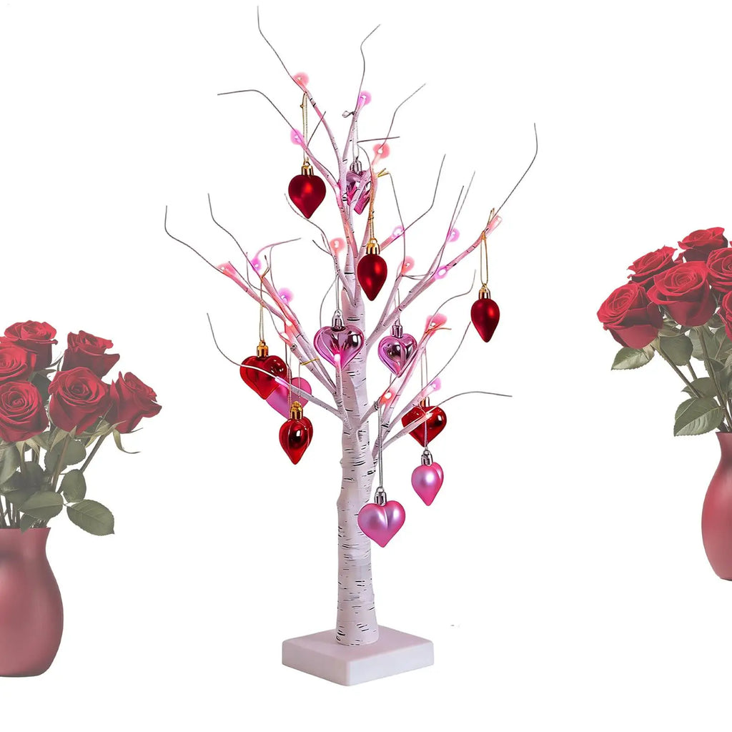Valentines Lights 60cm Artificial Birches Centerpiece with Heart Ornaments USB Plug-In/Battery Operated Valentine Tree Lights Qme