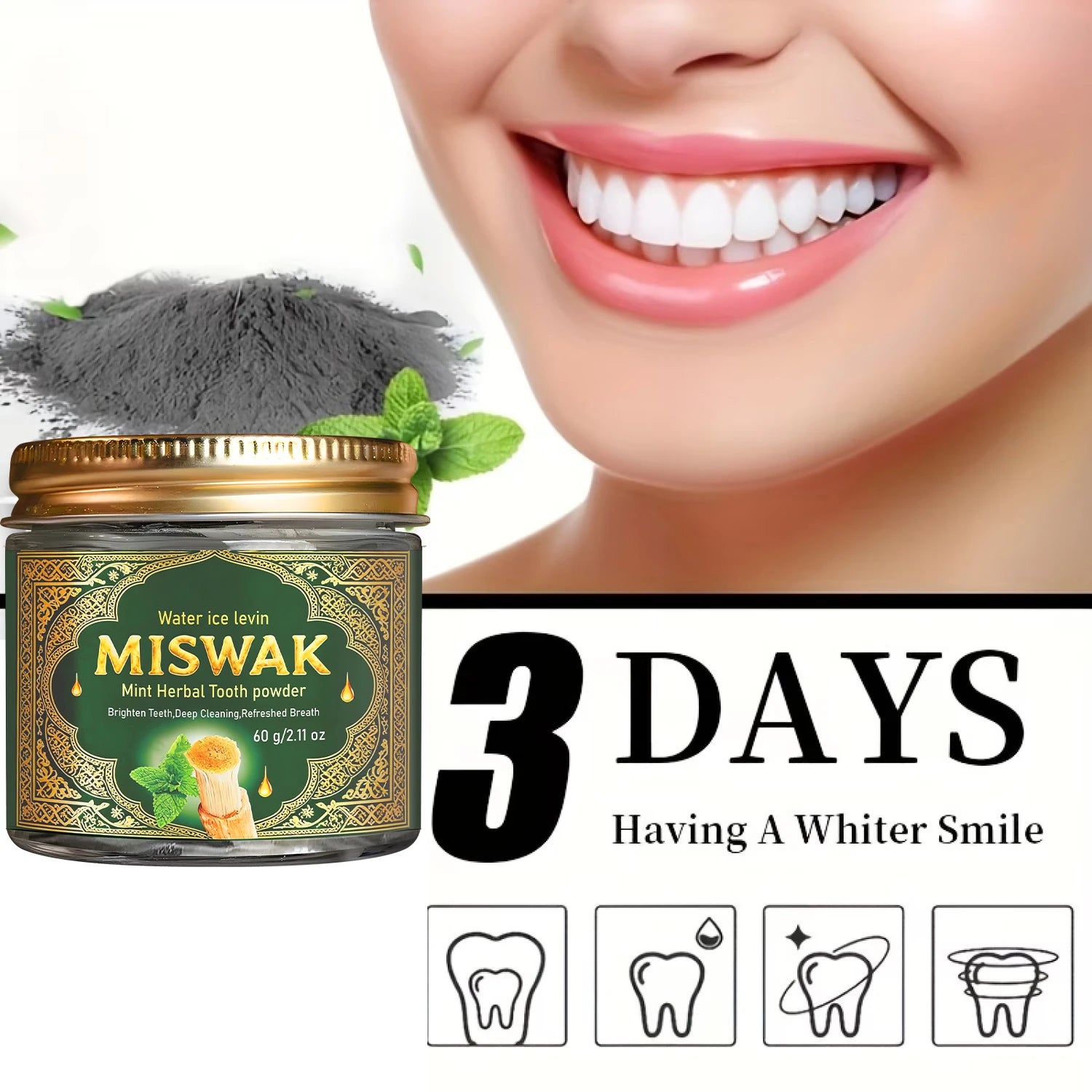MISWAK Mint Herbal Tooth Powder, Deep Cleaning & Brightening with Charcoal & Hyaluronic Acid for Fresh Breath Qme