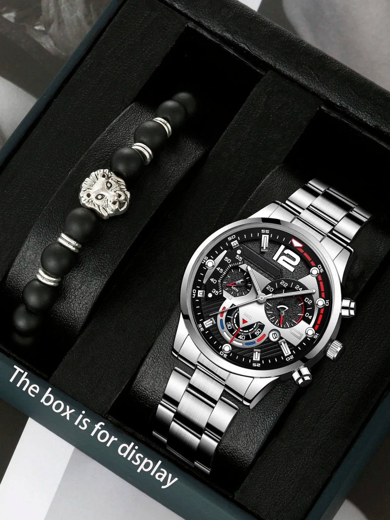 2pcs Men's Fashion Trend Metal Watch Strap Trinocular Dial Quartz Watch Handsome Lion Head Bracelet Qme Silver