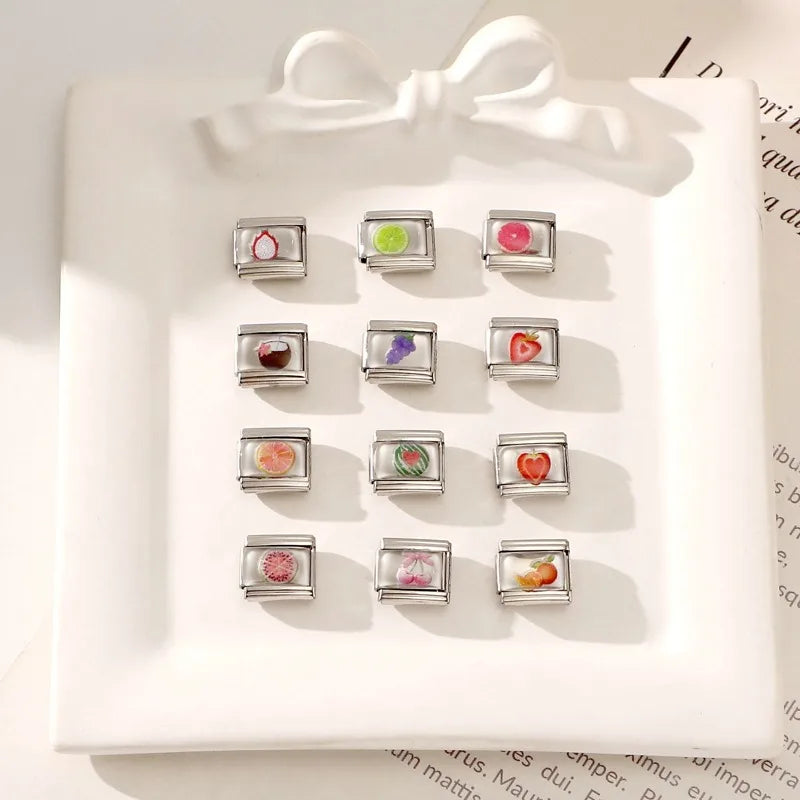2025 Lemon Strawberry Guava Grape Colorful Fruit Series Italian Charm Link fit 9mm Stainless Steel Jewelry DIY Making Bracelets Qme